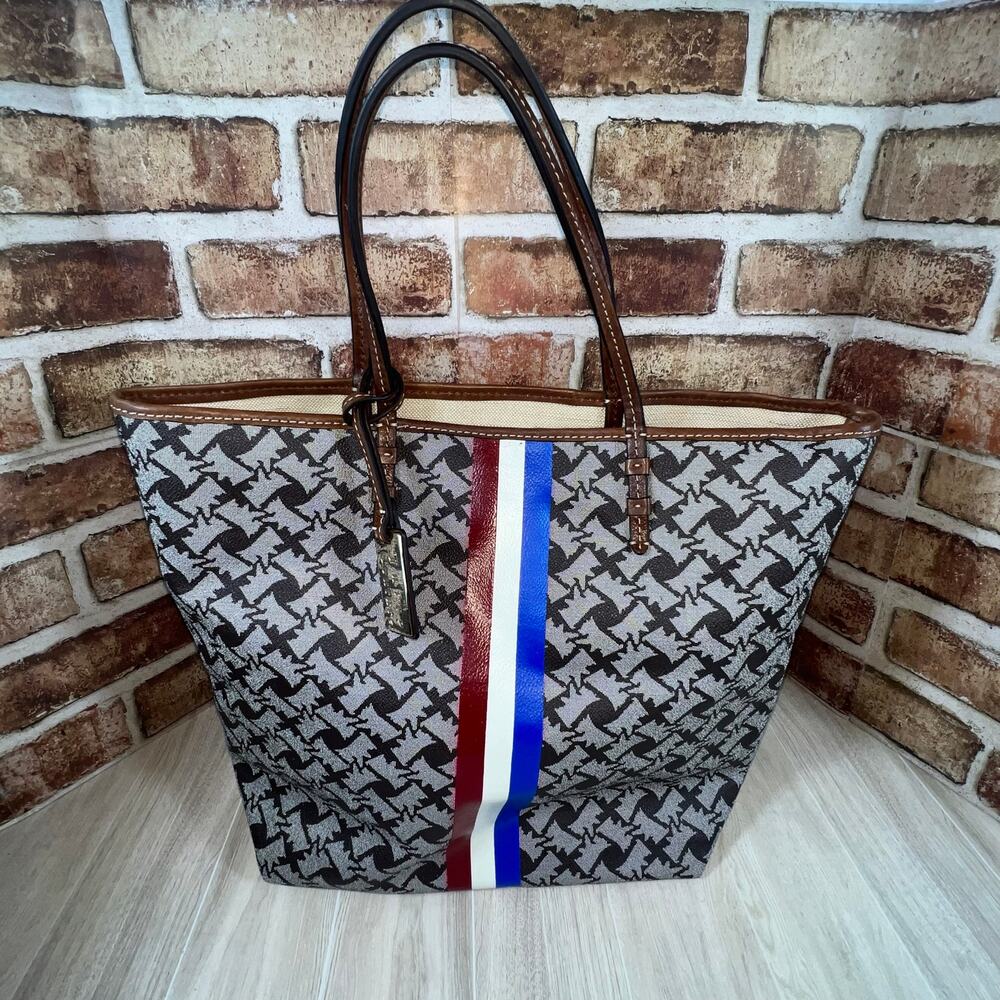 Fab Juicy Couture Grey Basket Weave Design Red White Blue Leather Trim Metal Tag